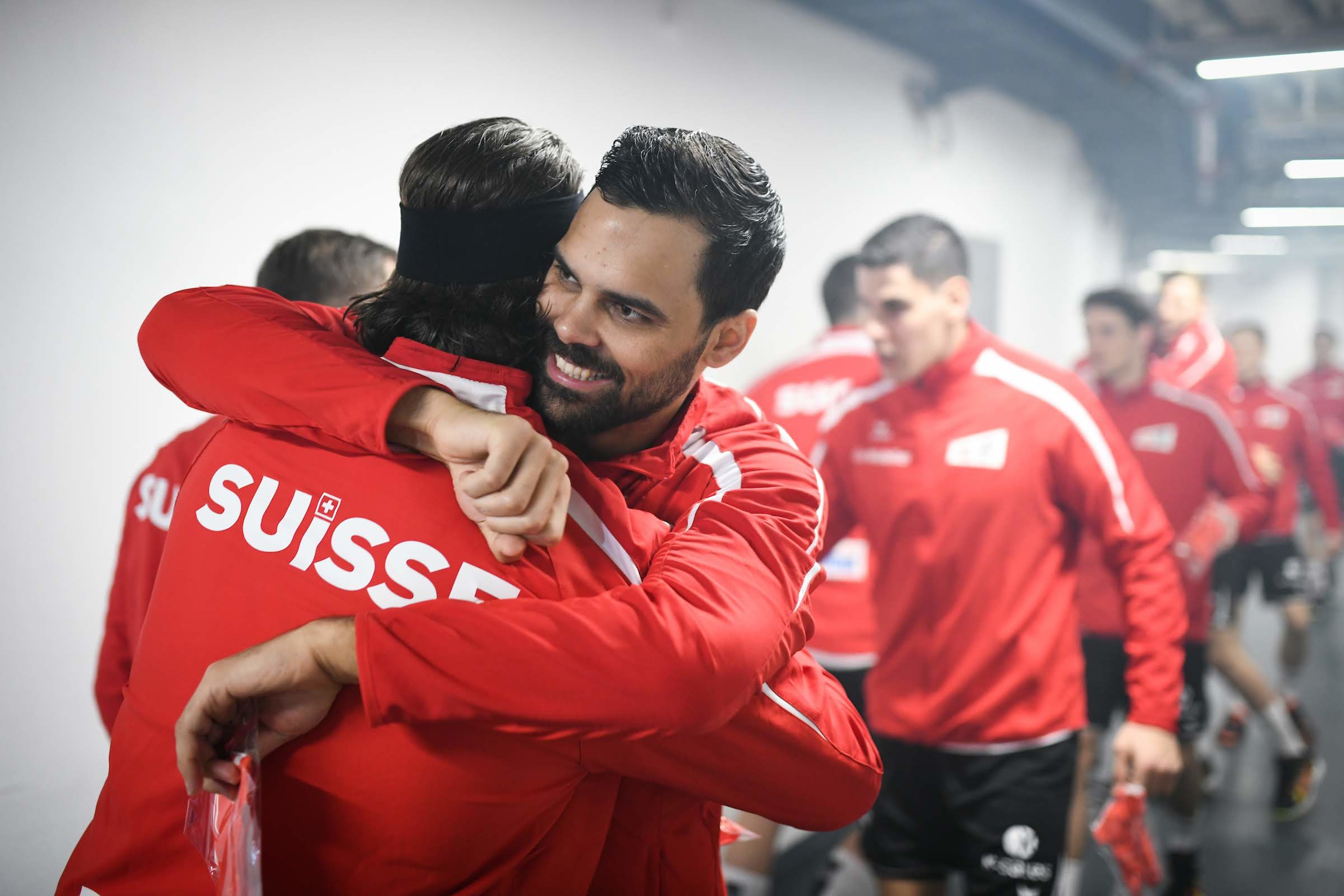 Die Schweizer Handballer vor dem EM-Spiel gegen Polen. (EHF/Nebojsa Tejic/kolektiff, 12.01.2020)